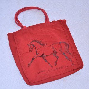 Q-Tees of California Hand Painted Trotting Horse by Lila on Red Tote Bag